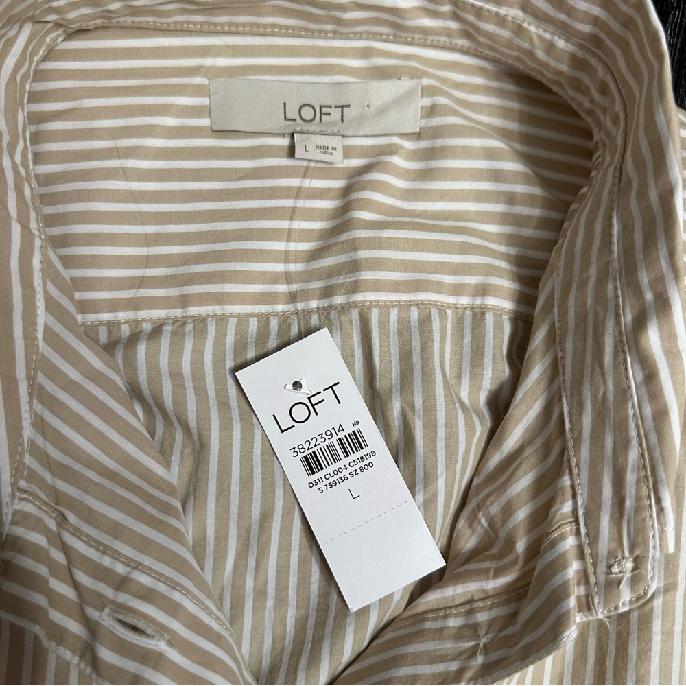 LOFT 100% Cotton Tan and White Striped Button Down Long Sleeve Shirt, Large